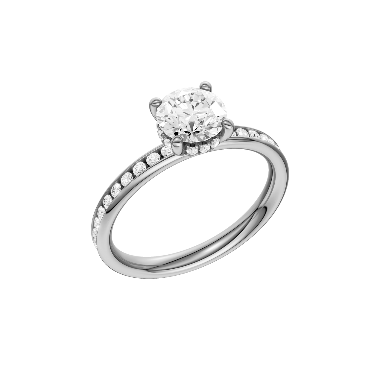 A three-quarter view of the Round cut diamond engagement ring in 14k white gold with a diamond channel band and cathedral setting