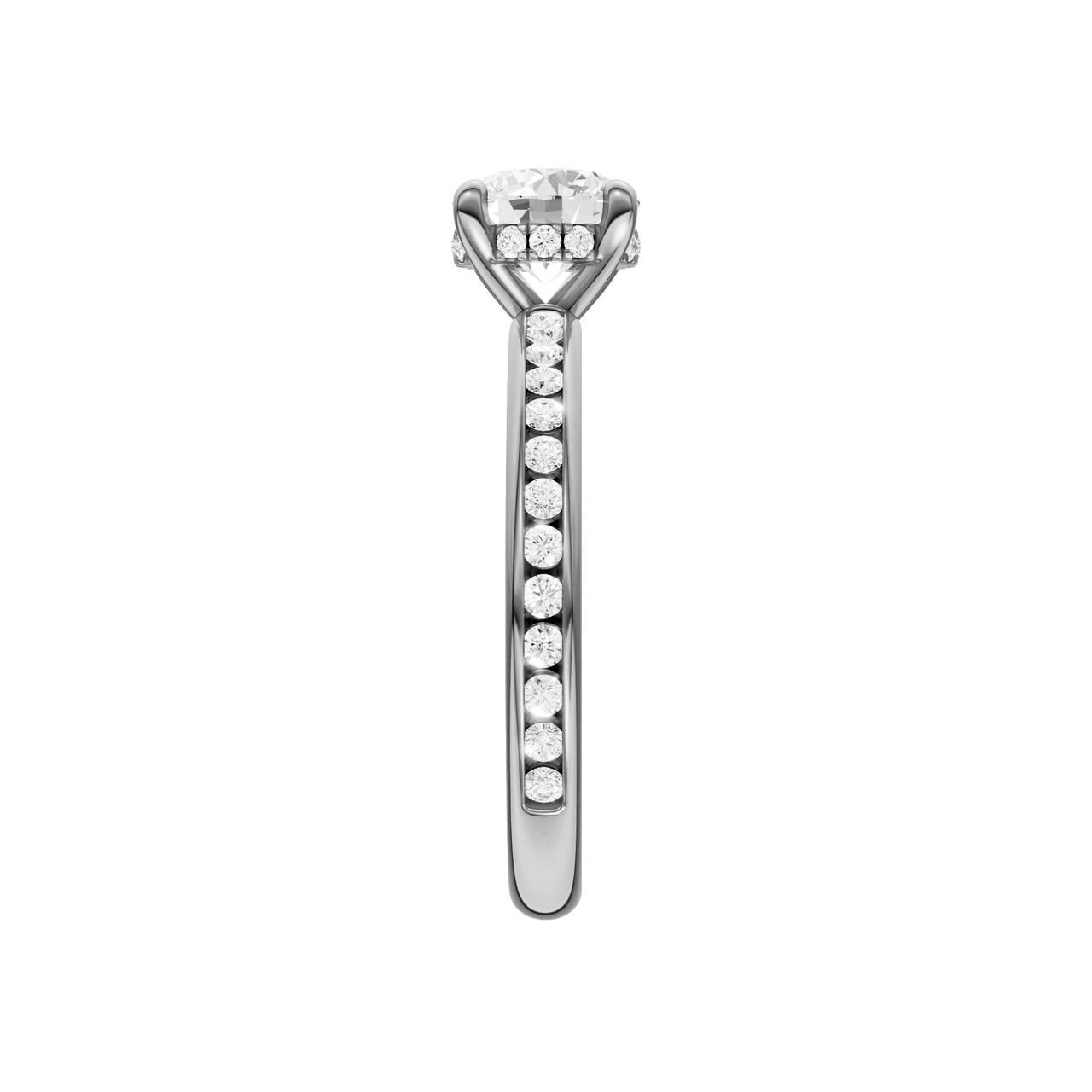 A side view of the Round cut diamond engagement ring in platinum with a diamond channel band and cathedral setting