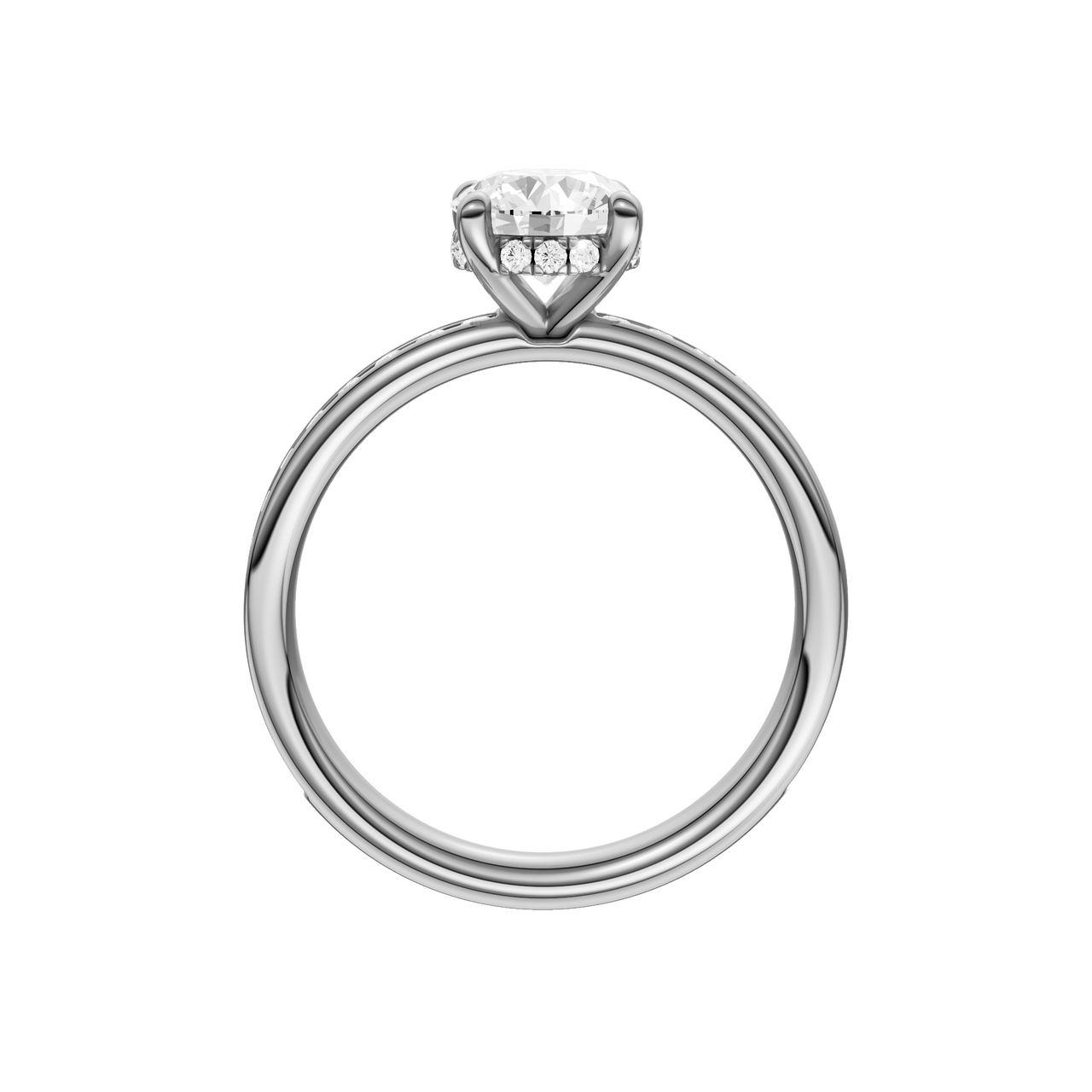 A profile view of the Round cut diamond engagement ring in 14k white gold with a diamond channel band and cathedral setting
