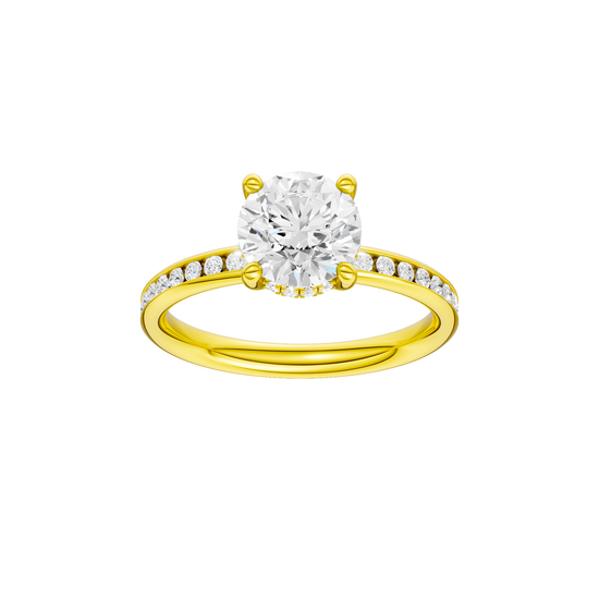 A front view of the Round cut diamond engagement ring in 14k yellow gold with a diamond channel band and cathedral setting
