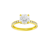 A front view of the Round cut diamond engagement ring in 14k yellow gold with a diamond channel band and cathedral setting