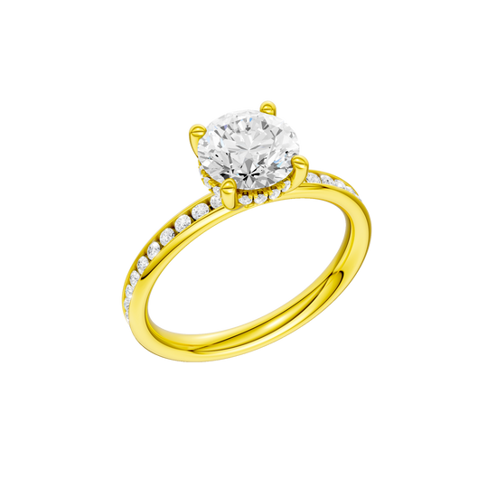 A three-quarter view of the Round cut diamond engagement ring in 14k yellow gold with a diamond channel band and cathedral setting