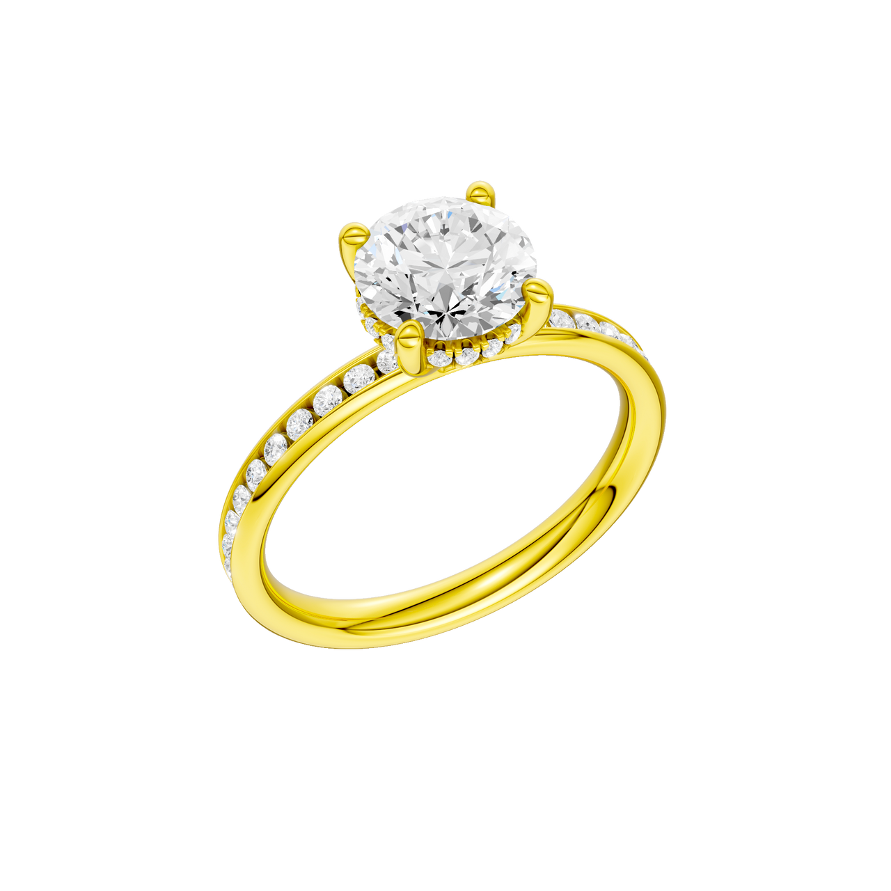 A three-quarter view of the Round cut diamond engagement ring in 14k yellow gold with a diamond channel band and cathedral setting