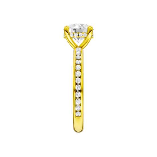 A side view of the Round cut diamond engagement ring in 14k yellow gold with a diamond channel band and cathedral setting