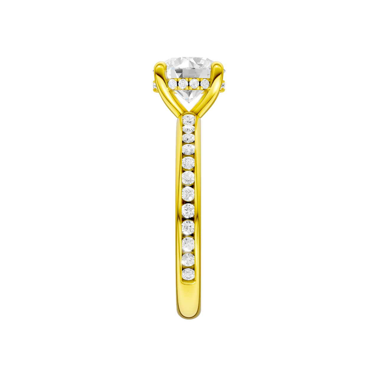 A side view of the Round cut diamond engagement ring in 14k yellow gold with a diamond channel band and cathedral setting