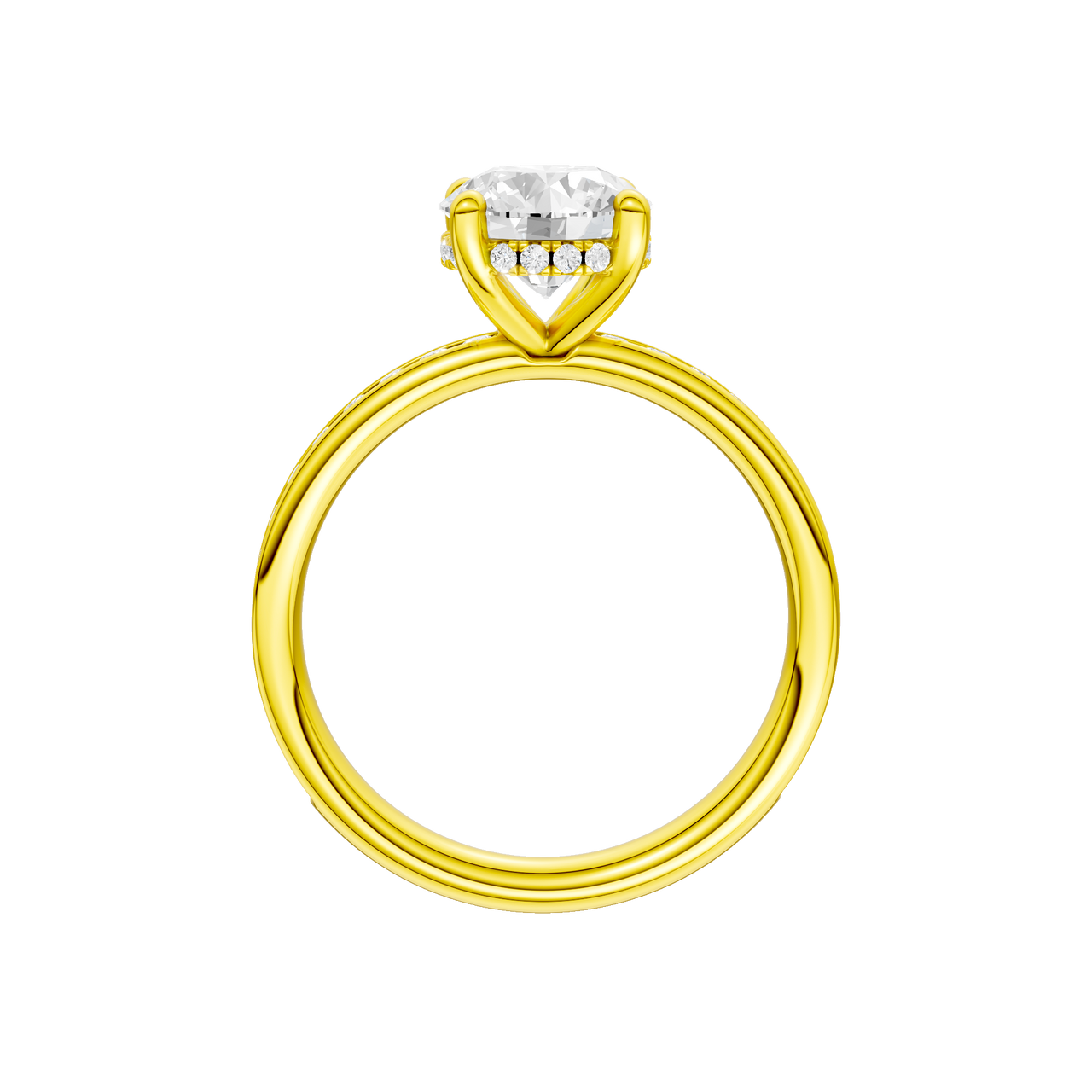 A profile view of the Round cut diamond engagement ring in 14k yellow gold with a diamond channel band and cathedral setting