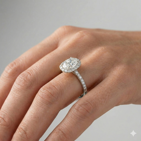 14K white gold oval halo engagement ring worn on hand showing oval center diamond, halo and channel set band.