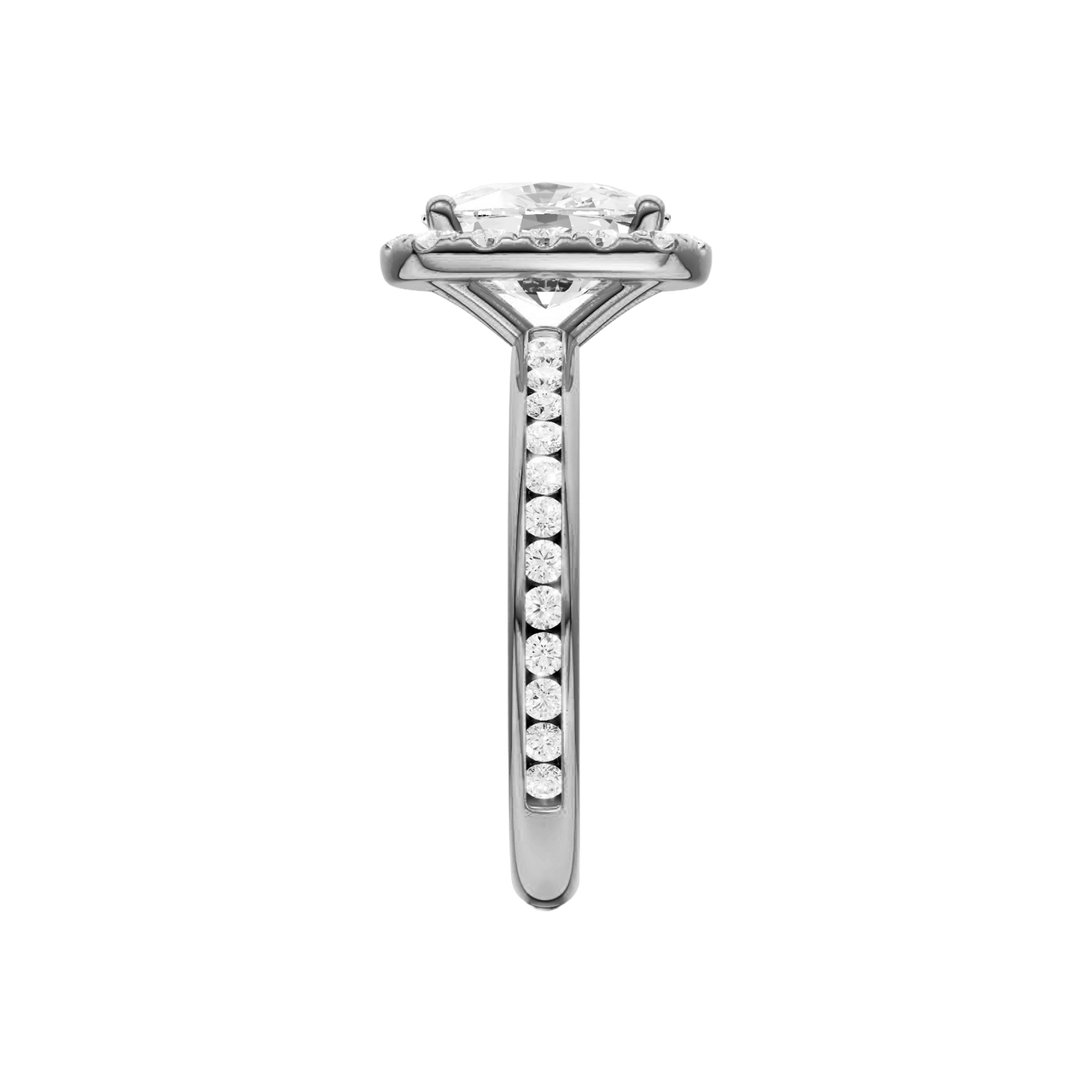 14K white gold oval halo engagement ring side view detailing cathedral structure, oval center stone and channel set diamond band.