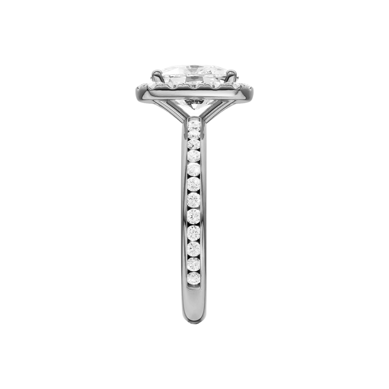 Platinum oval halo engagement ring side profile showing cathedral setting, elevated halo and channel set diamonds along the band.