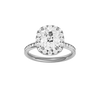 14K white gold oval halo engagement ring with oval center diamond, round halo, channel set diamond band and cathedral setting, front view.