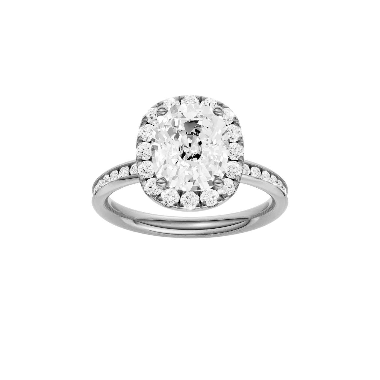 14K white gold oval halo engagement ring with oval center diamond, round halo, channel set diamond band and cathedral setting, front view.