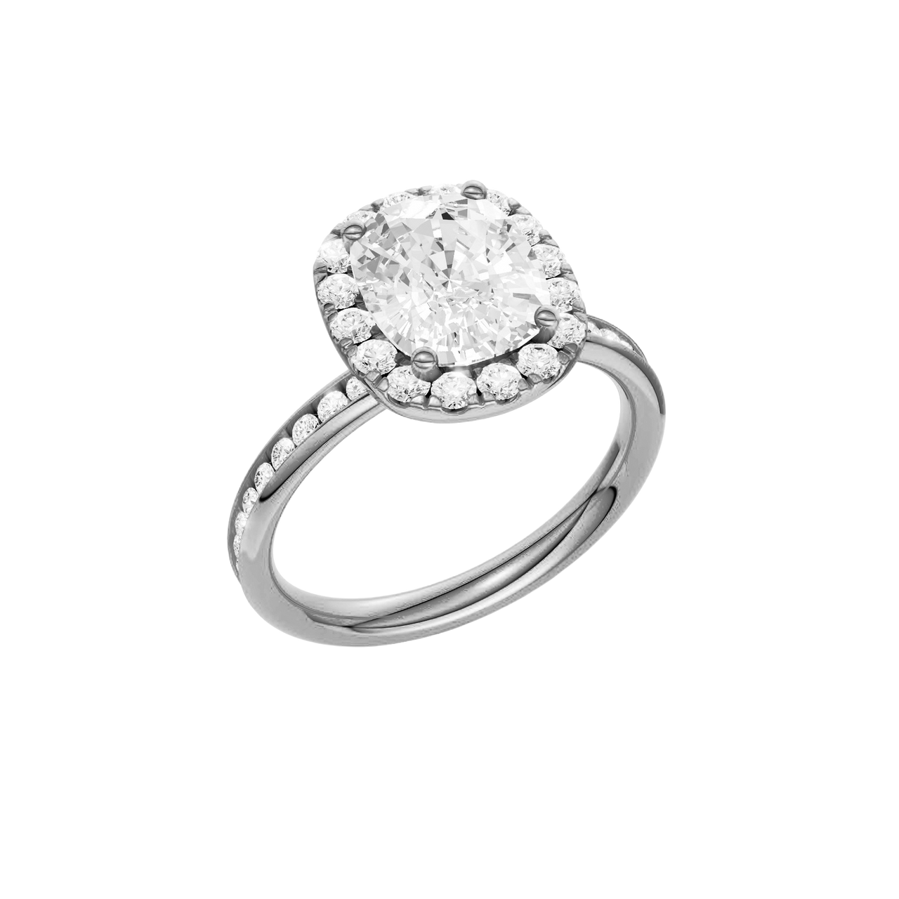 14K white gold oval halo engagement ring angled view showcasing oval center diamond, halo detail and channel set diamond band.