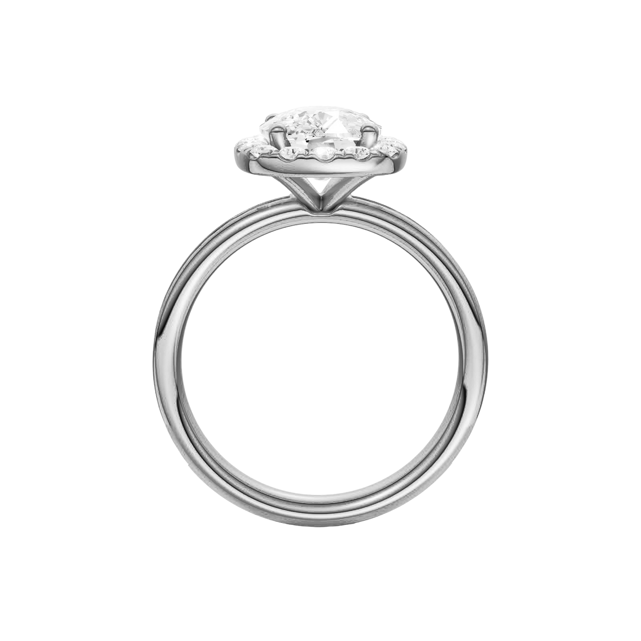 Platinum oval halo engagement ring full band profile showing continuous channel set diamonds and cathedral mounted oval halo center.