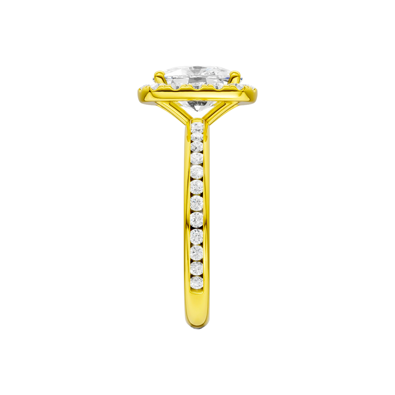 14K yellow gold oval halo engagement ring side profile highlighting cathedral setting, halo structure and diamond channel band.