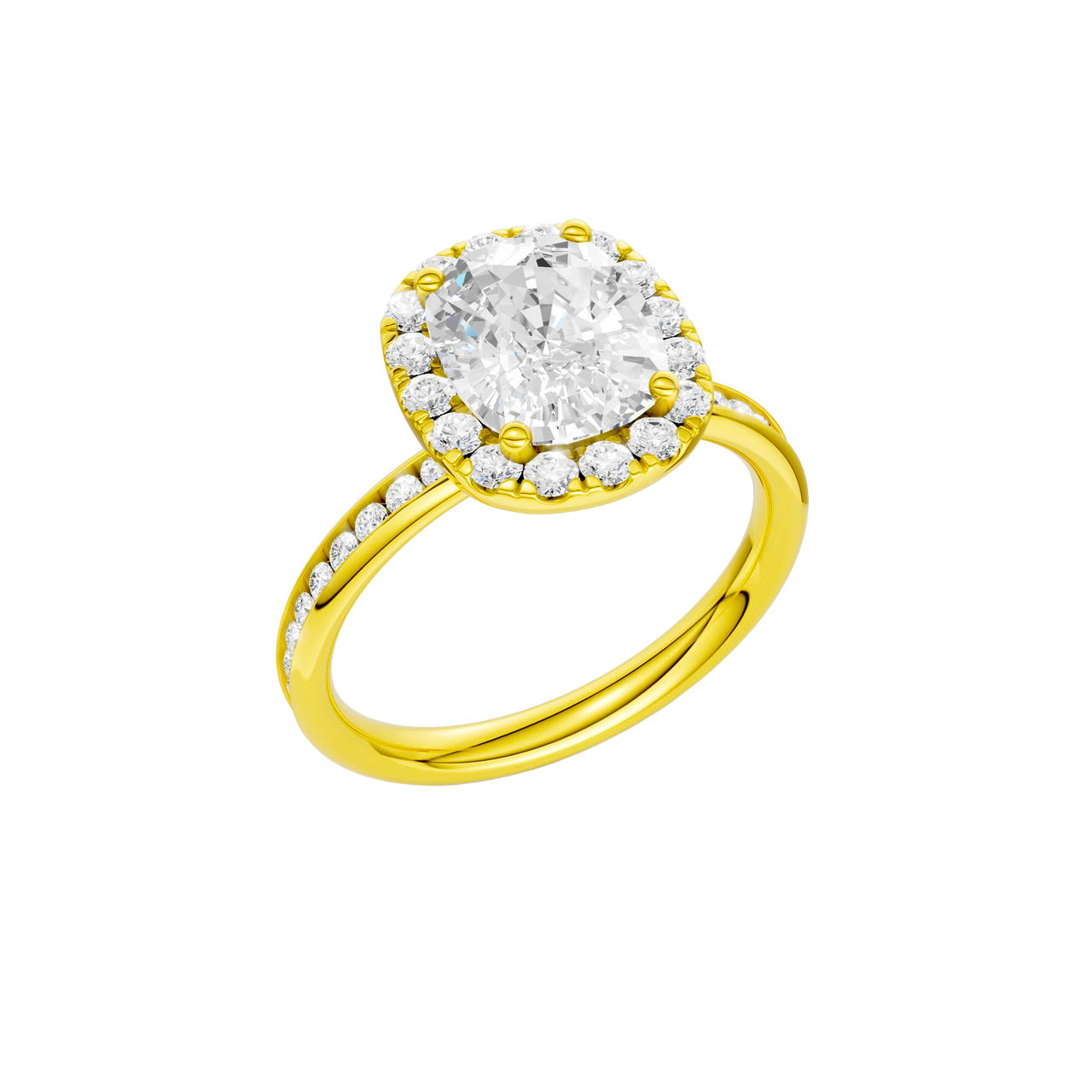 14K yellow gold oval halo engagement ring angled view showing oval center diamond, halo sparkle and channel set band.