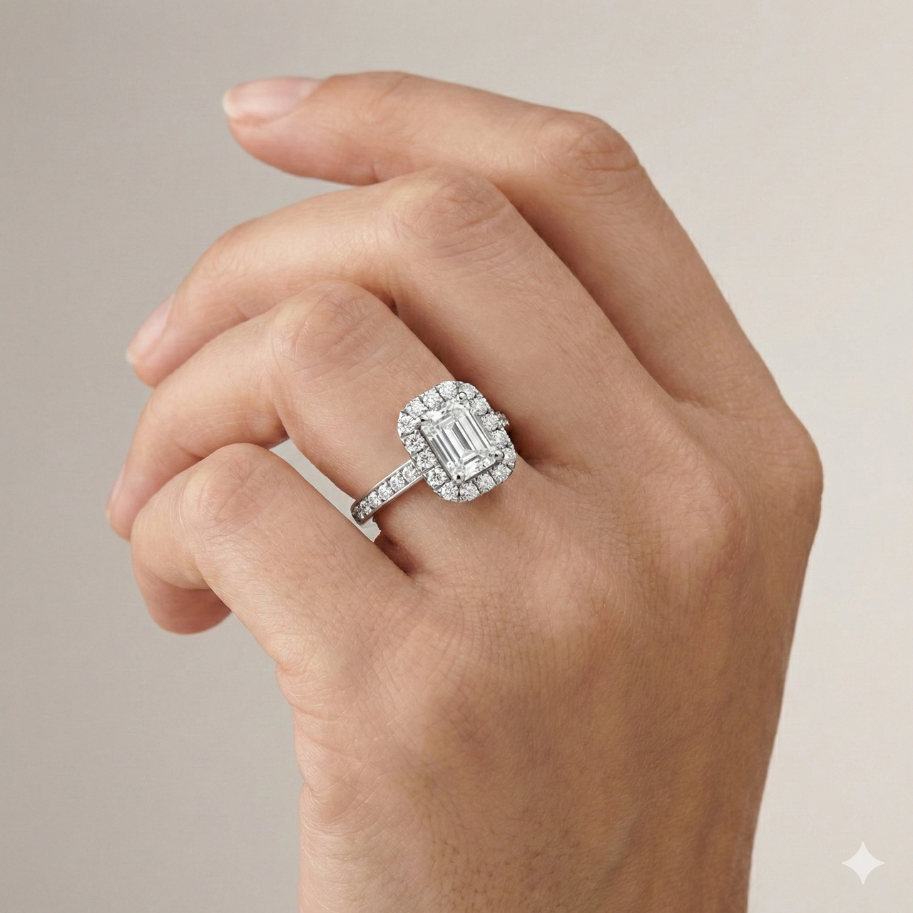 Emerald cut diamond engagement ring in 14k white gold with a diamond channel band and cathedral setting on a hand