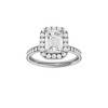 Platinum emerald cut halo engagement ring featuring an emerald center diamond surrounded by a round diamond halo with a channel set diamond band and cathedral setting, front view.