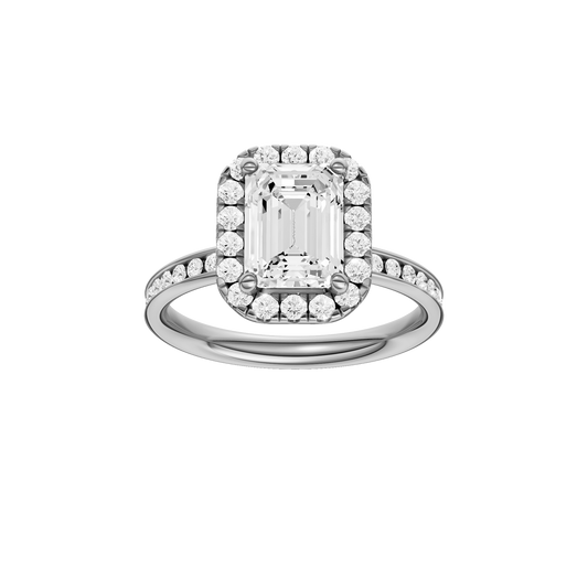 Platinum emerald cut halo engagement ring featuring an emerald center diamond surrounded by a round diamond halo with a channel set diamond band and cathedral setting, front view.
