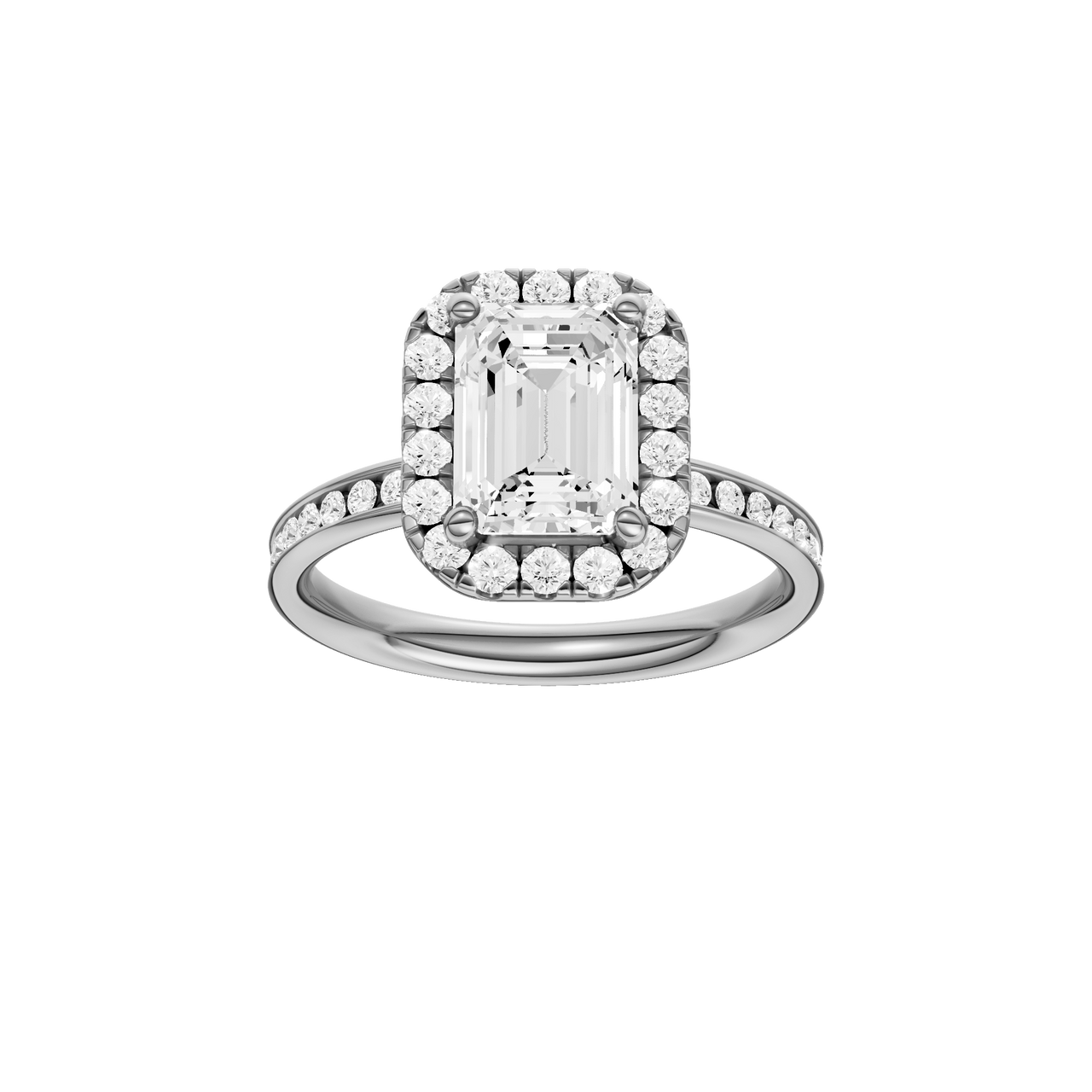 14K white gold emerald cut halo engagement ring with emerald center diamond, round halo and channel set diamond band, front view.