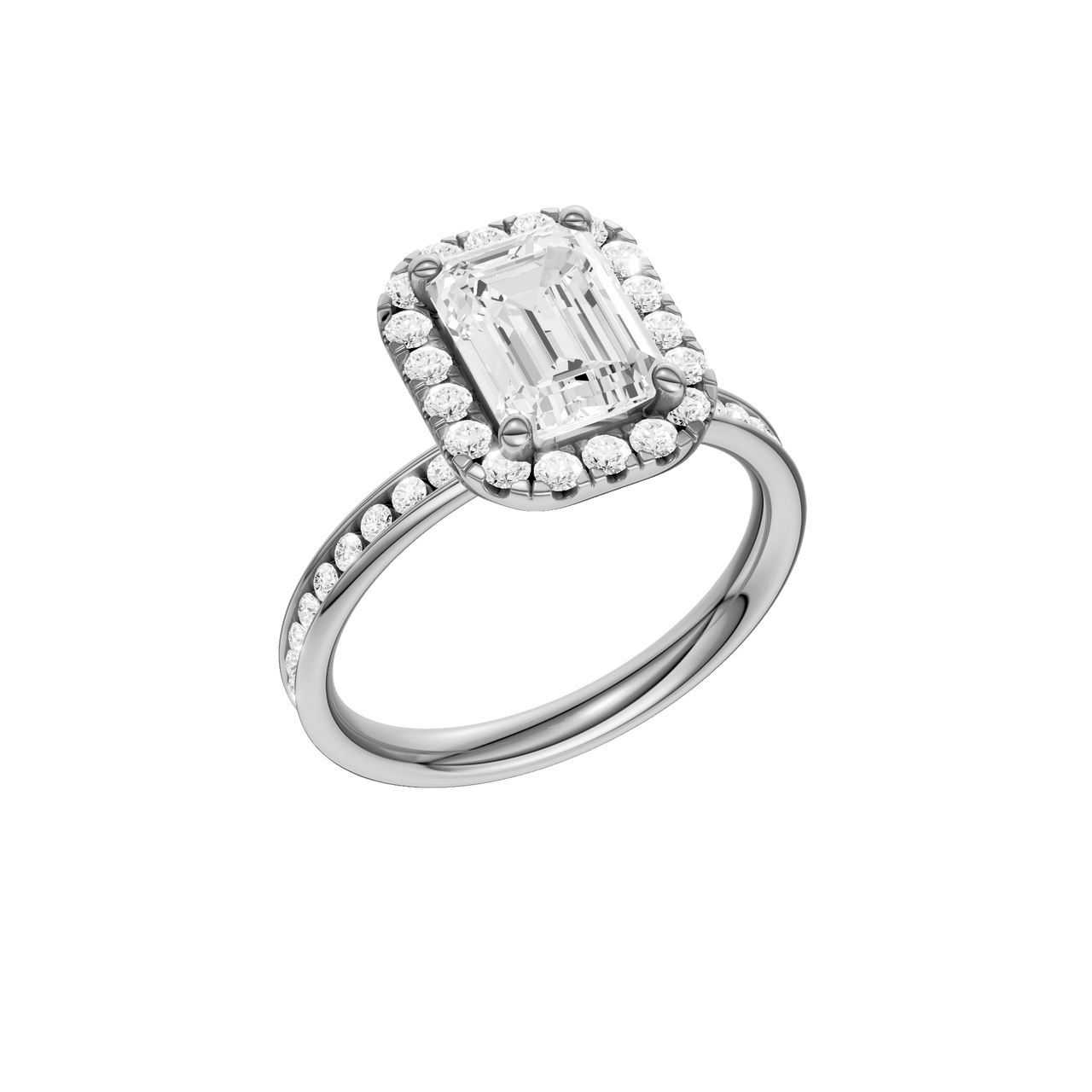 Platinum emerald cut halo engagement ring shown at an angled three quarter view highlighting the emerald center diamond, round halo and channel set band.