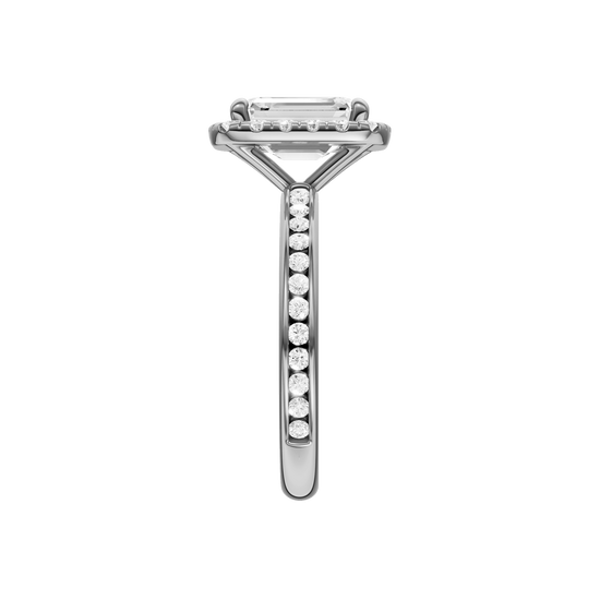 Platinum emerald cut halo engagement ring side profile showing cathedral setting, elevated halo and channel set diamonds along the band.