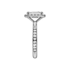 Platinum emerald cut halo engagement ring side profile showing cathedral setting, elevated halo and channel set diamonds along the band.