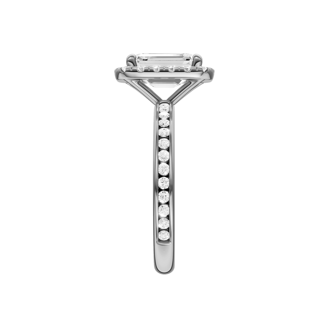 14K white gold emerald cut halo engagement ring side view detailing cathedral structure and diamond channel band.
