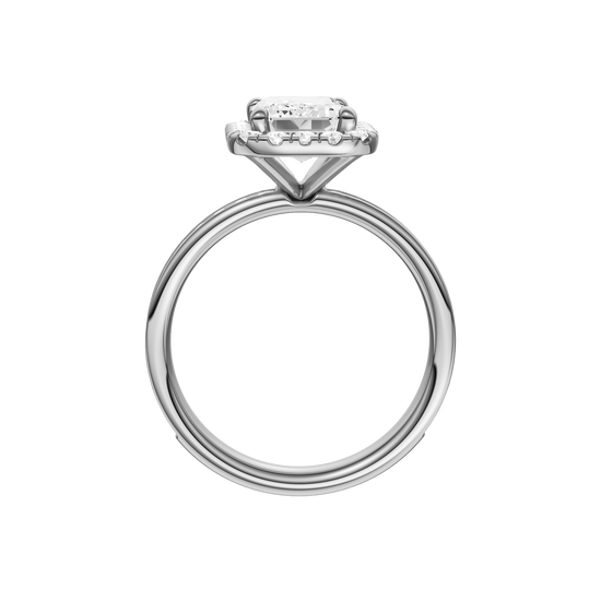 14K white gold emerald cut halo engagement ring full band view with diamond channel band and elevated halo.