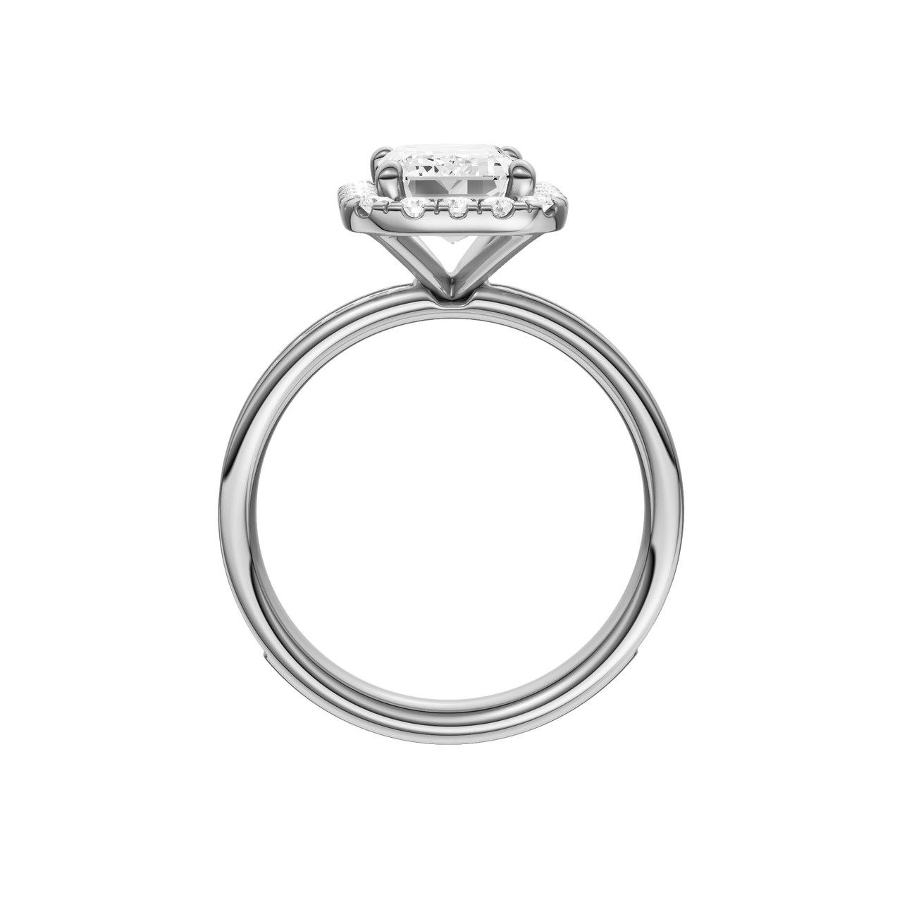 14K white gold emerald cut halo engagement ring full band view with diamond channel band and elevated halo.