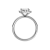 Platinum emerald cut halo engagement ring full band profile showing continuous channel set diamonds and cathedral mounted halo center.