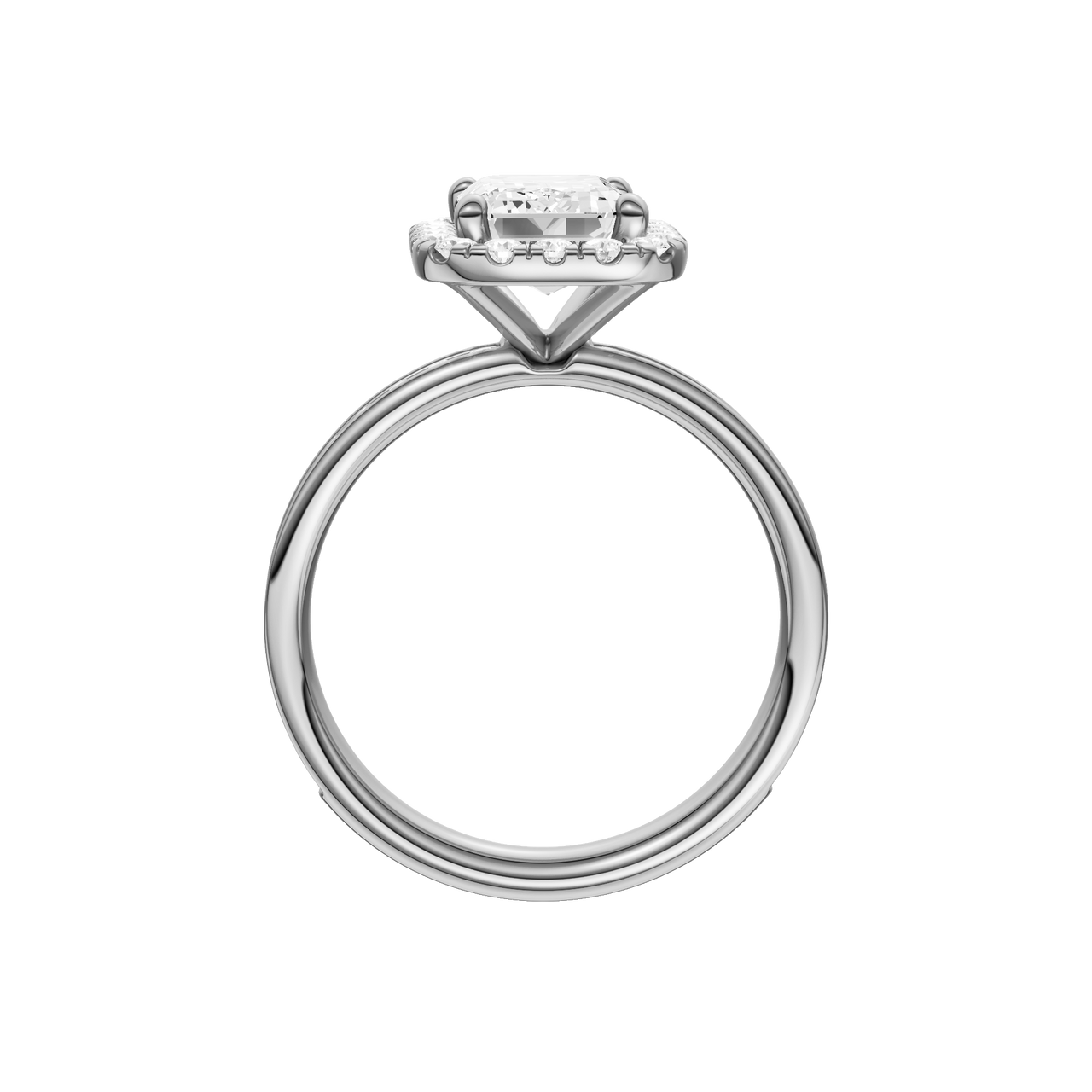 Platinum emerald cut halo engagement ring full band profile showing continuous channel set diamonds and cathedral mounted halo center.