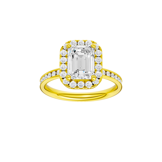 14K yellow gold emerald cut halo engagement ring with emerald center diamond, round halo and diamond channel band, front view.