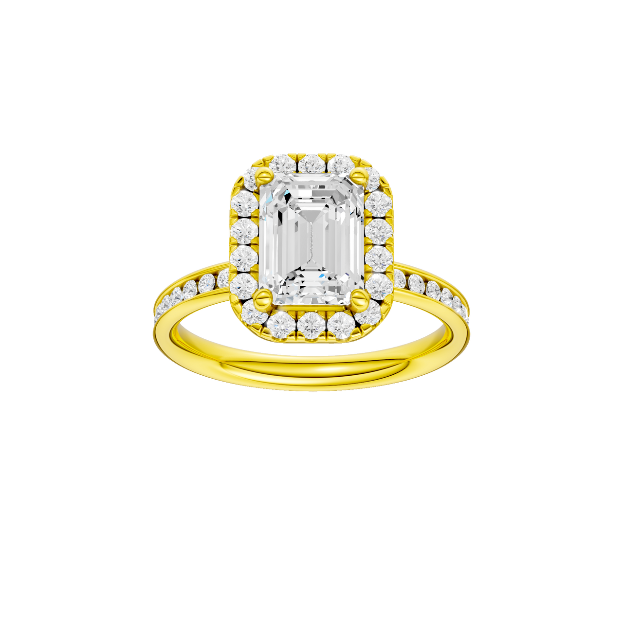 14K yellow gold emerald cut halo engagement ring with emerald center diamond, round halo and diamond channel band, front view.