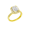 14K yellow gold emerald cut halo engagement ring angled view showing emerald center diamond, halo and channel set diamonds.