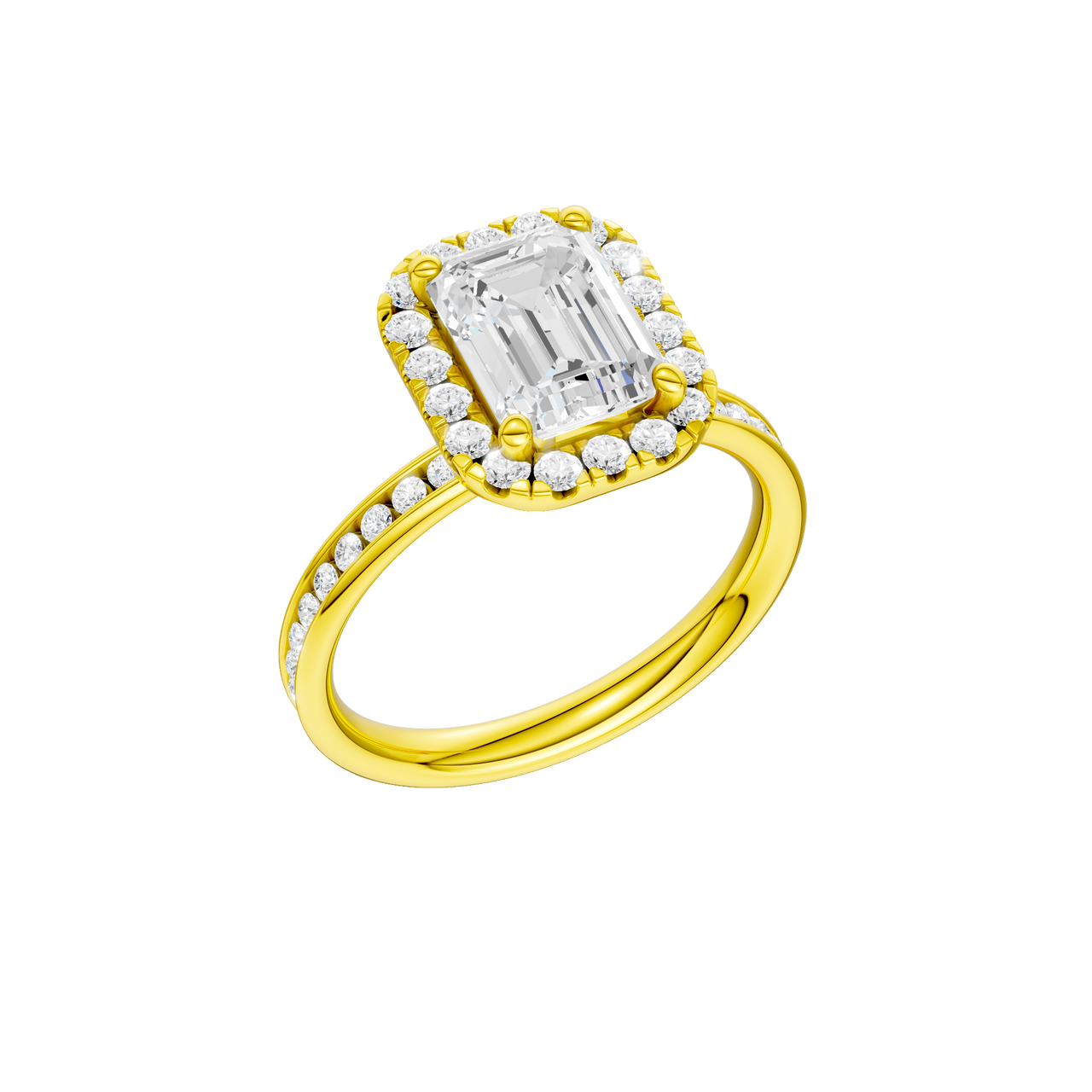 14K yellow gold emerald cut halo engagement ring angled view showing emerald center diamond, halo and channel set diamonds.