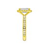 14K yellow gold emerald cut halo engagement ring side profile highlighting cathedral setting and channel set diamonds.