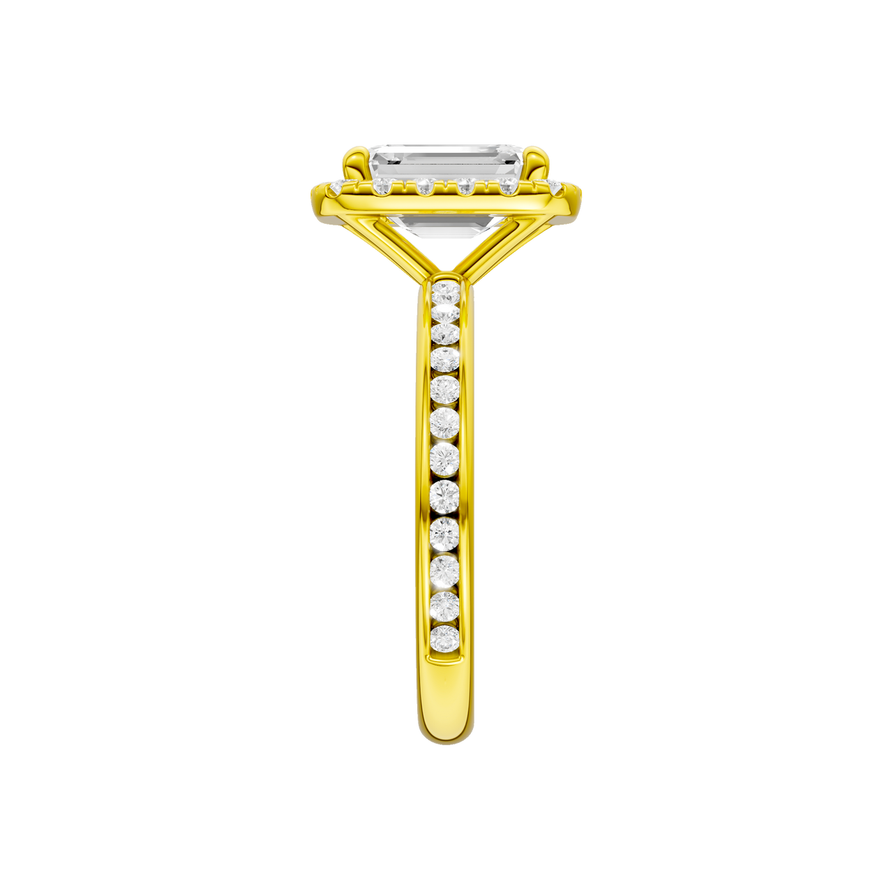 14K yellow gold emerald cut halo engagement ring side profile highlighting cathedral setting and channel set diamonds.