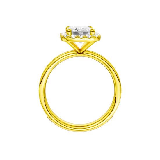 14K yellow gold emerald cut halo engagement ring full band profile featuring emerald halo center and channel set band.