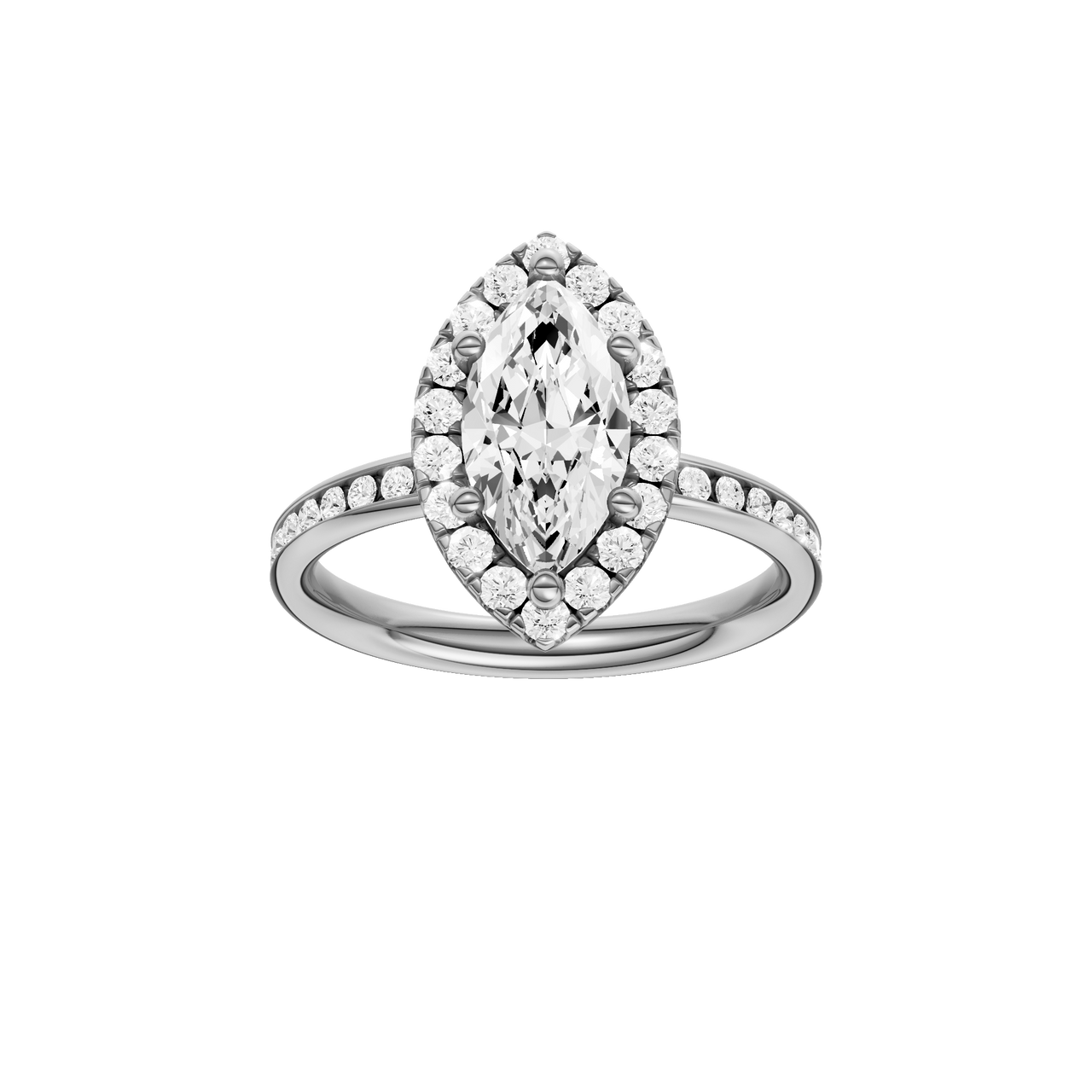 14K white gold marquise halo engagement ring with marquise center diamond, round halo and channel set diamond band, front view.