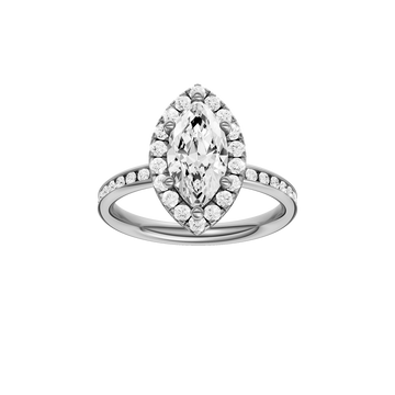 14K white gold marquise halo engagement ring with marquise center diamond, round halo and channel set diamond band, front view.