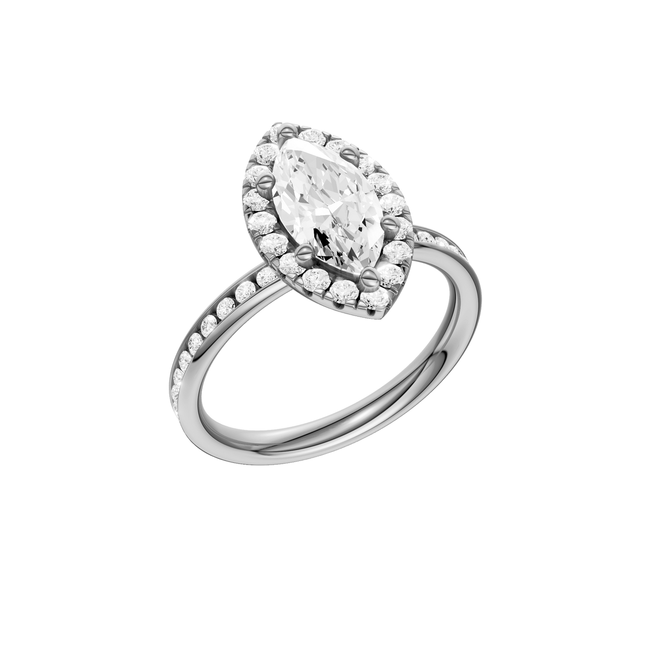 Platinum marquise halo engagement ring shown at an angled three quarter view highlighting the marquise center diamond, round halo and channel set band.
