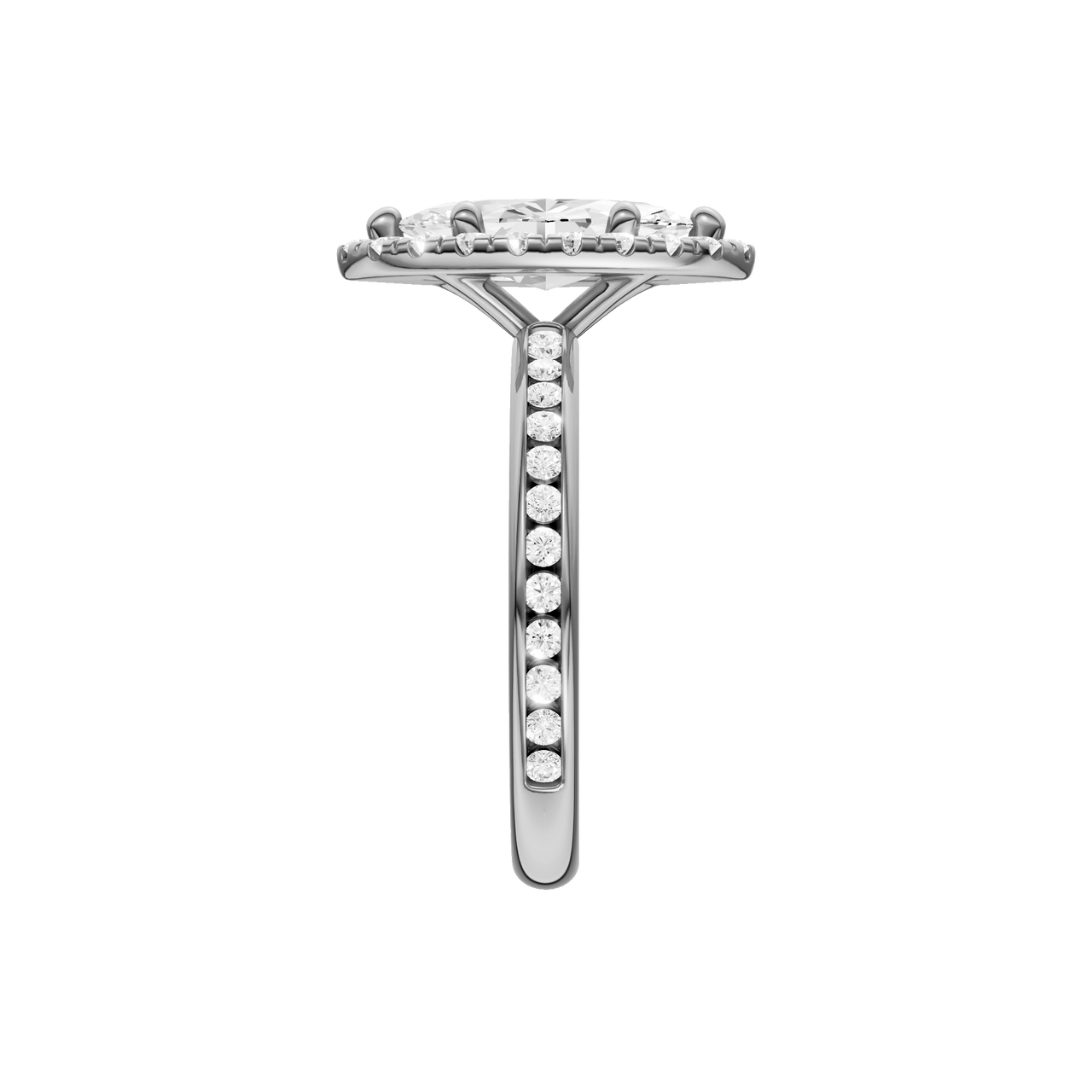 14K white gold marquise halo engagement ring full band view with diamond channel band and elevated halo.