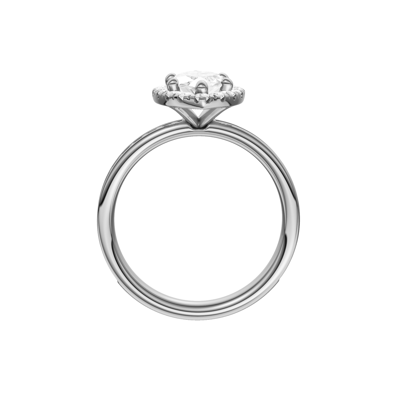 Platinum marquise halo engagement ring full band profile showing continuous channel set diamonds and cathedral mounted halo center.