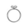 14K white gold marquise halo engagement ring side view detailing cathedral structure and diamond channel band.