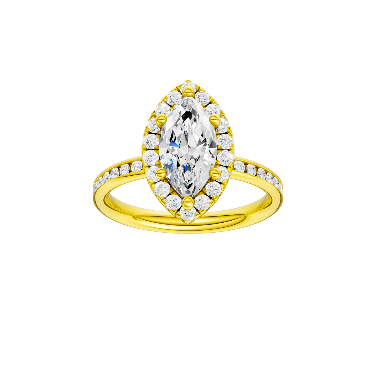 14K yellow gold marquise halo engagement ring with marquise center diamond, round halo and diamond channel band, front view.