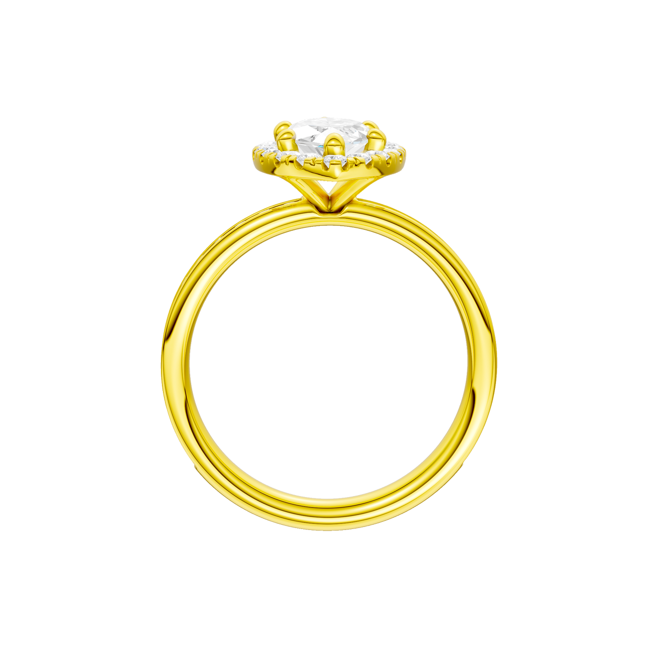 14K yellow gold marquise halo engagement ring side profile highlighting cathedral setting and channel set diamonds.