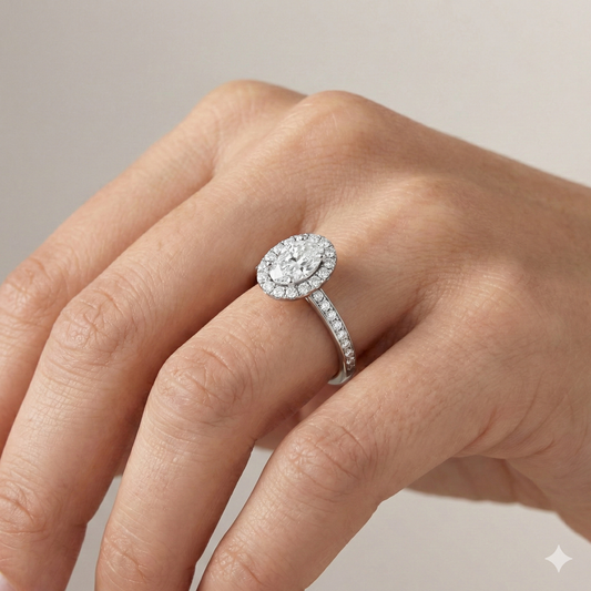 Oval cut diamond engagement ring in 14k white gold with a diamond channel band and cathedral setting on a hand
