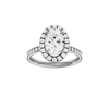 Platinum oval halo engagement ring featuring an oval center diamond surrounded by a round diamond halo with a channel set diamond band and cathedral setting, front view.