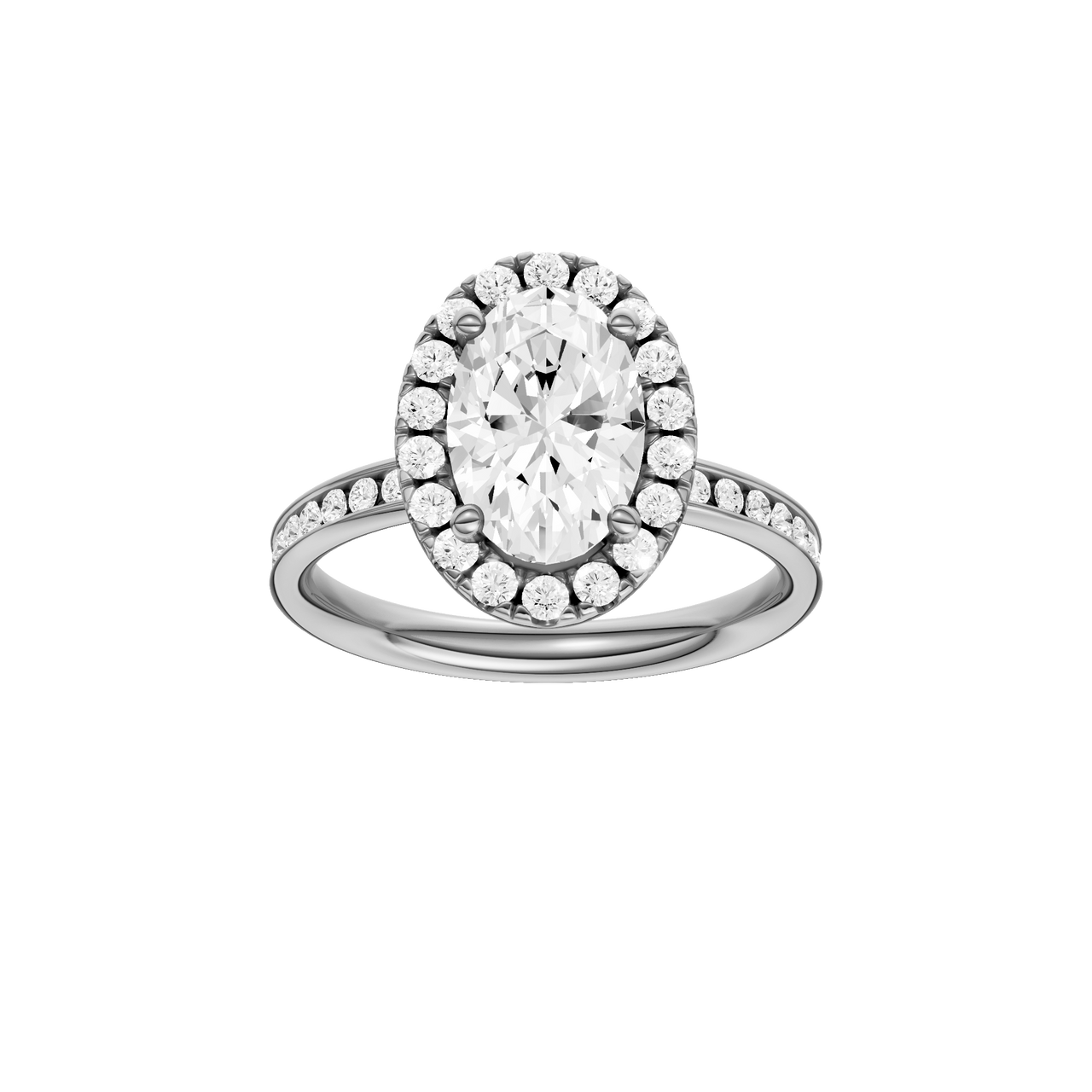 Platinum oval halo engagement ring featuring an oval center diamond surrounded by a round diamond halo with a channel set diamond band and cathedral setting, front view.