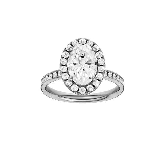 14K white gold oval halo engagement ring with oval center diamond, round halo and channel set diamond band, front view.